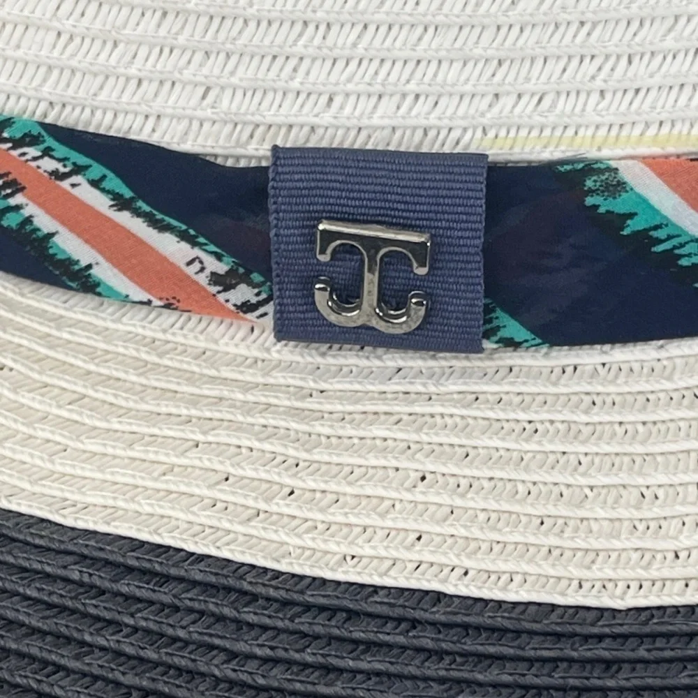 John Callanan Wide Brim Sun Hat Ivory Navy Toyo Straw Floppy One Size